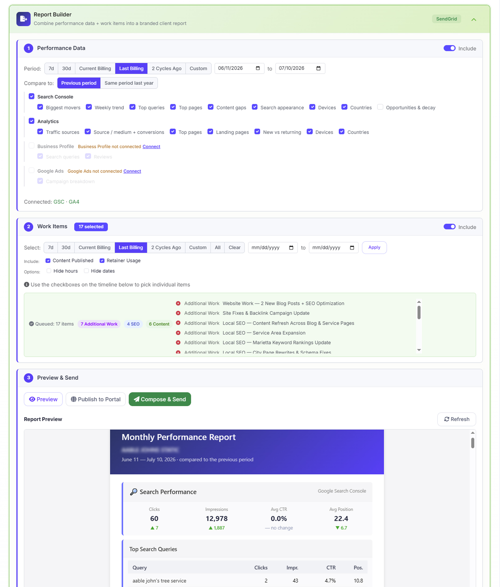 The Report Builder panel: performance sources with a checkbox per metric, work items, and preview and send