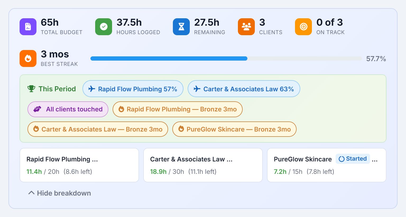 The retainer summary: 65h total budget, 31.3h logged, 33.7h remaining, 3 clients, on track and best streak figures, a progress bar at 48.2%, This Period achievement chips and three per-client cards.