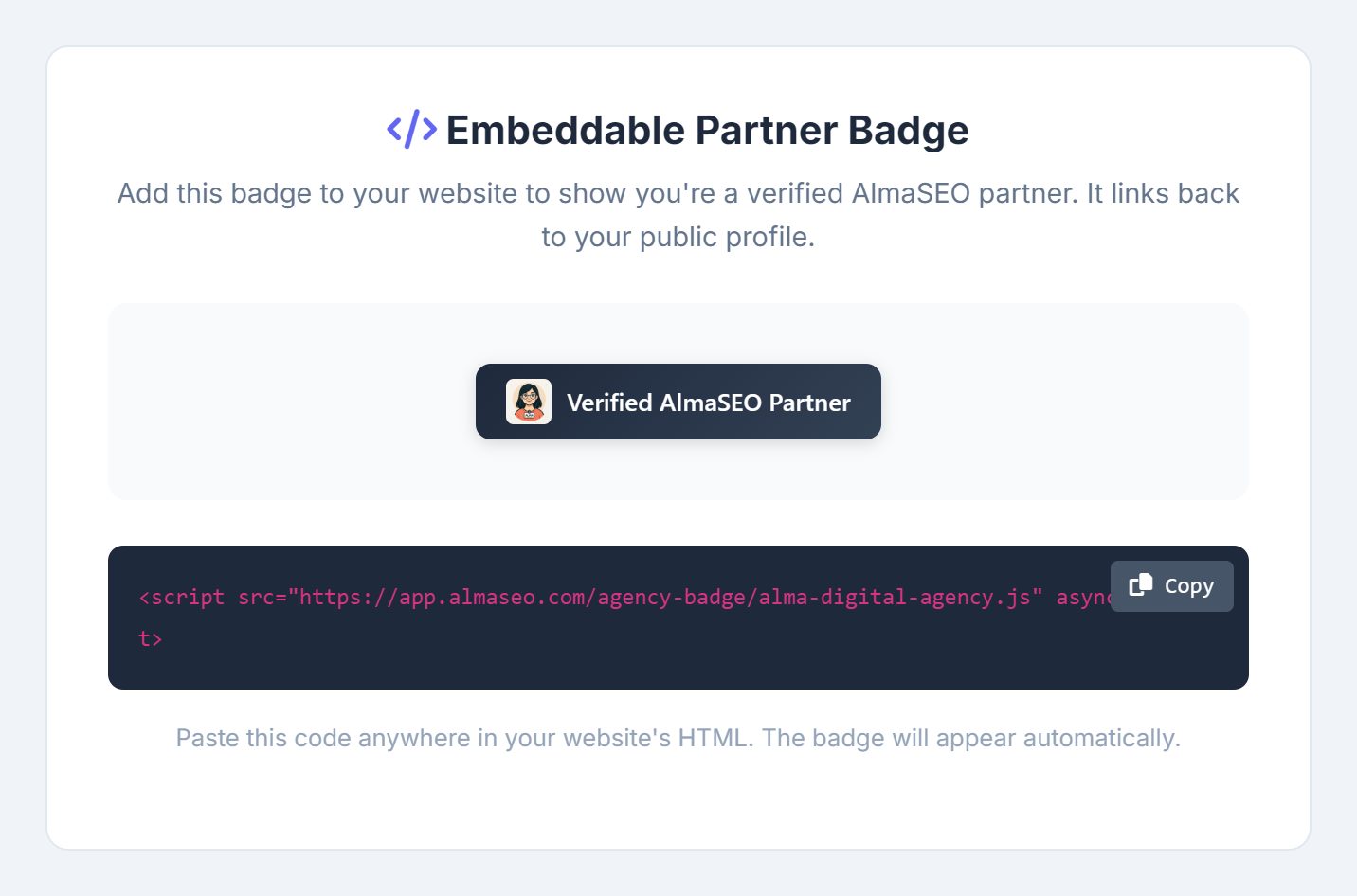 The Embeddable Partner Badge page: a dark Verified AlmaSEO Partner badge above a one-line script snippet with a Copy button.