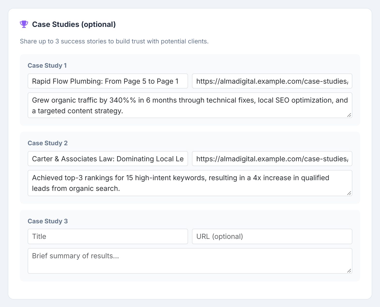 Case Studies (optional): three slots, the first filled with a title, a link and a one-line summary of results.
