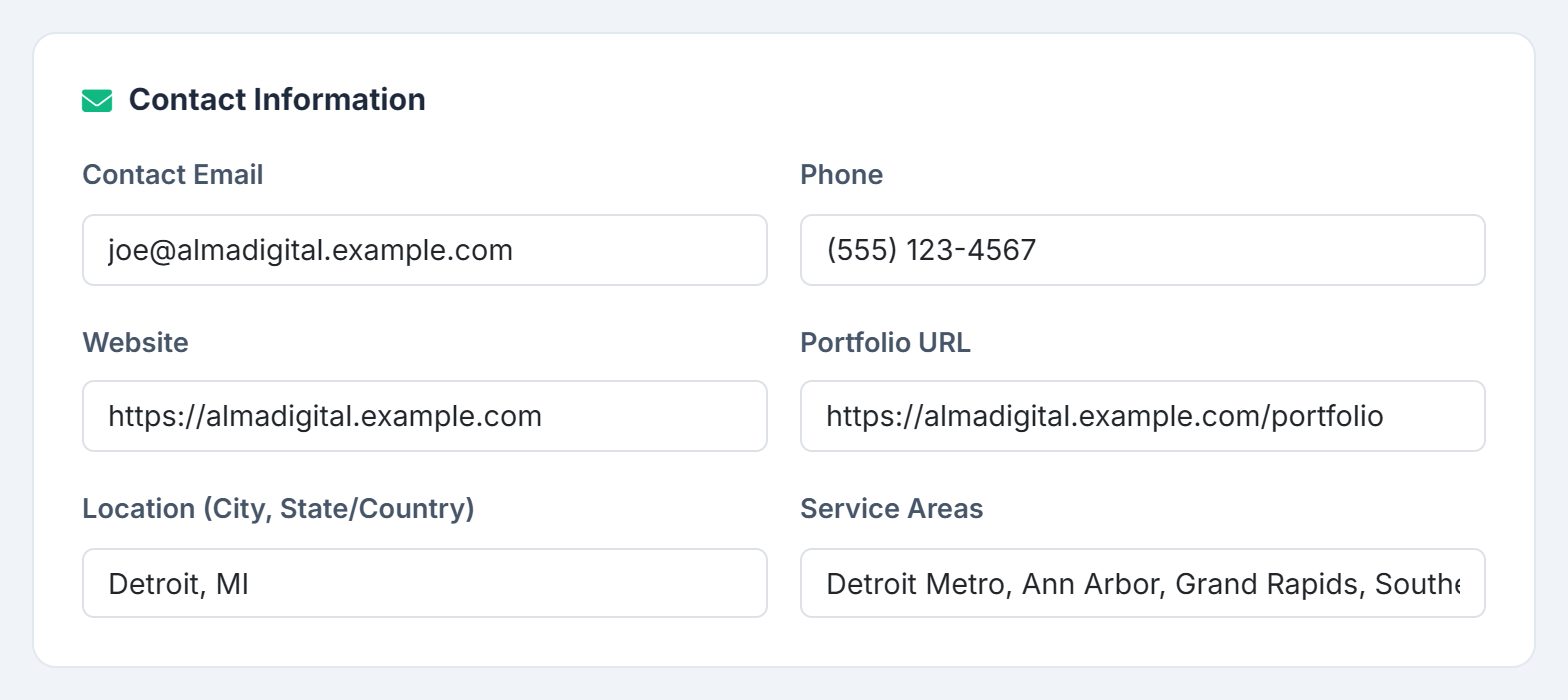 Contact Information: Contact Email, Phone, Website, Portfolio URL, Location and Service Areas.