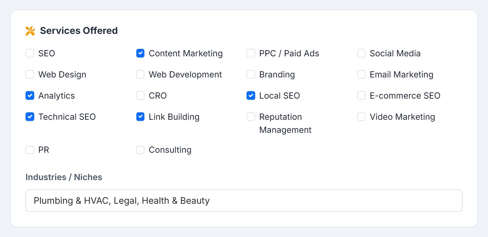 Services Offered: eighteen checkboxes including SEO, Content Marketing, Local SEO, Technical SEO and Link Building ticked, and an Industries / Niches field.