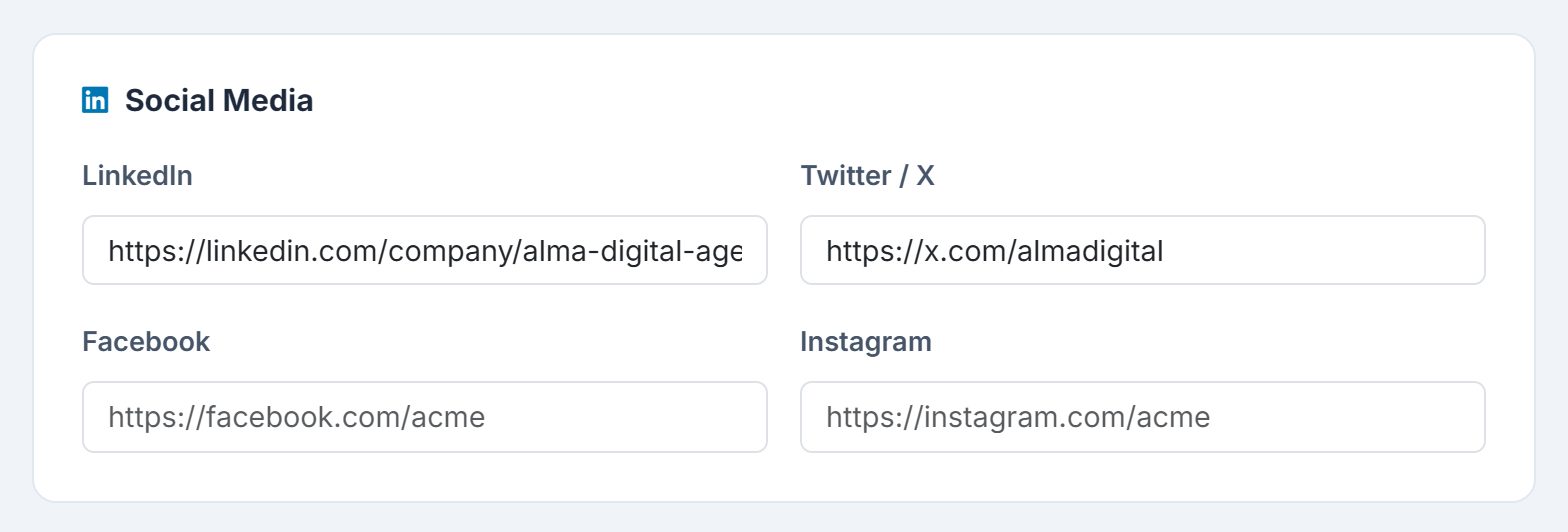Social Media: LinkedIn, Twitter / X, Facebook and Instagram links.