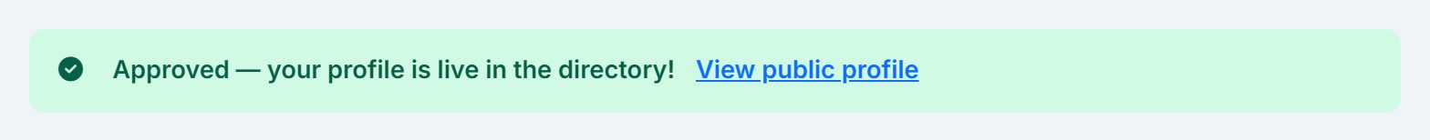 A green status bar reading Approved, your profile is live in the directory, with a View public profile link.