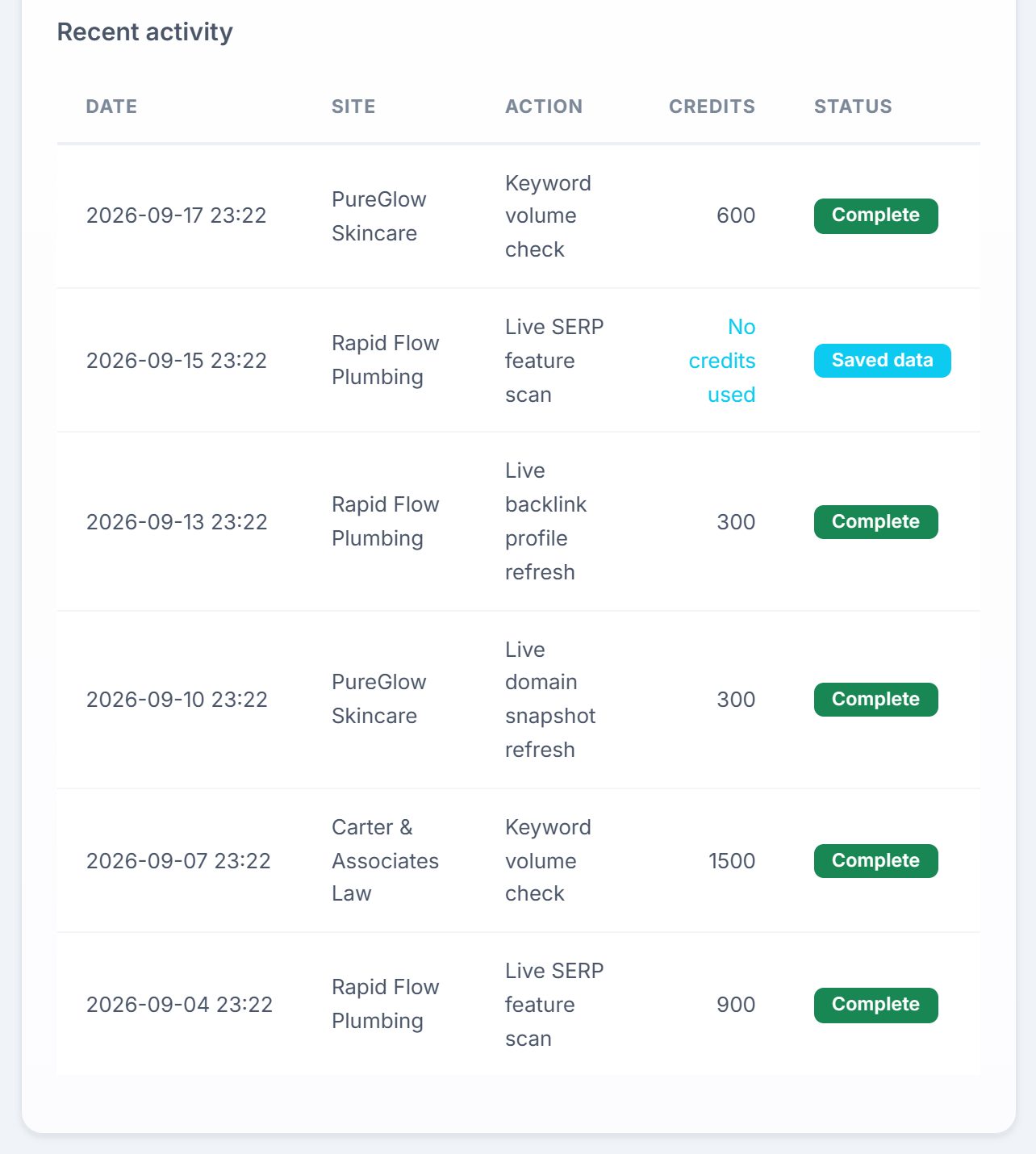 The Recent activity table: date, site, action, credits and status for six checks across three clients, one of them marked Saved data with no credits used.