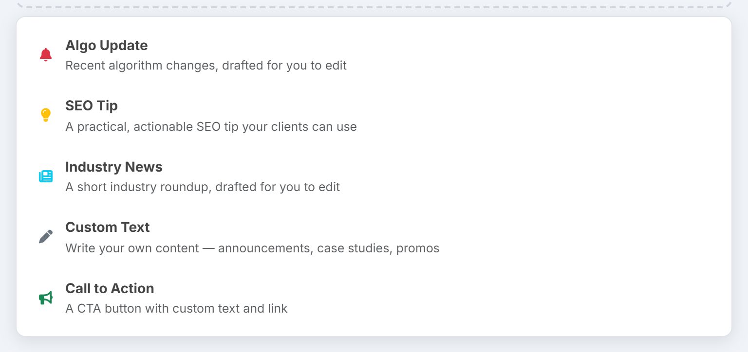 The Add Block menu: Algo Update, SEO Tip, Industry News, Custom Text and Call to Action, each with a line describing it.