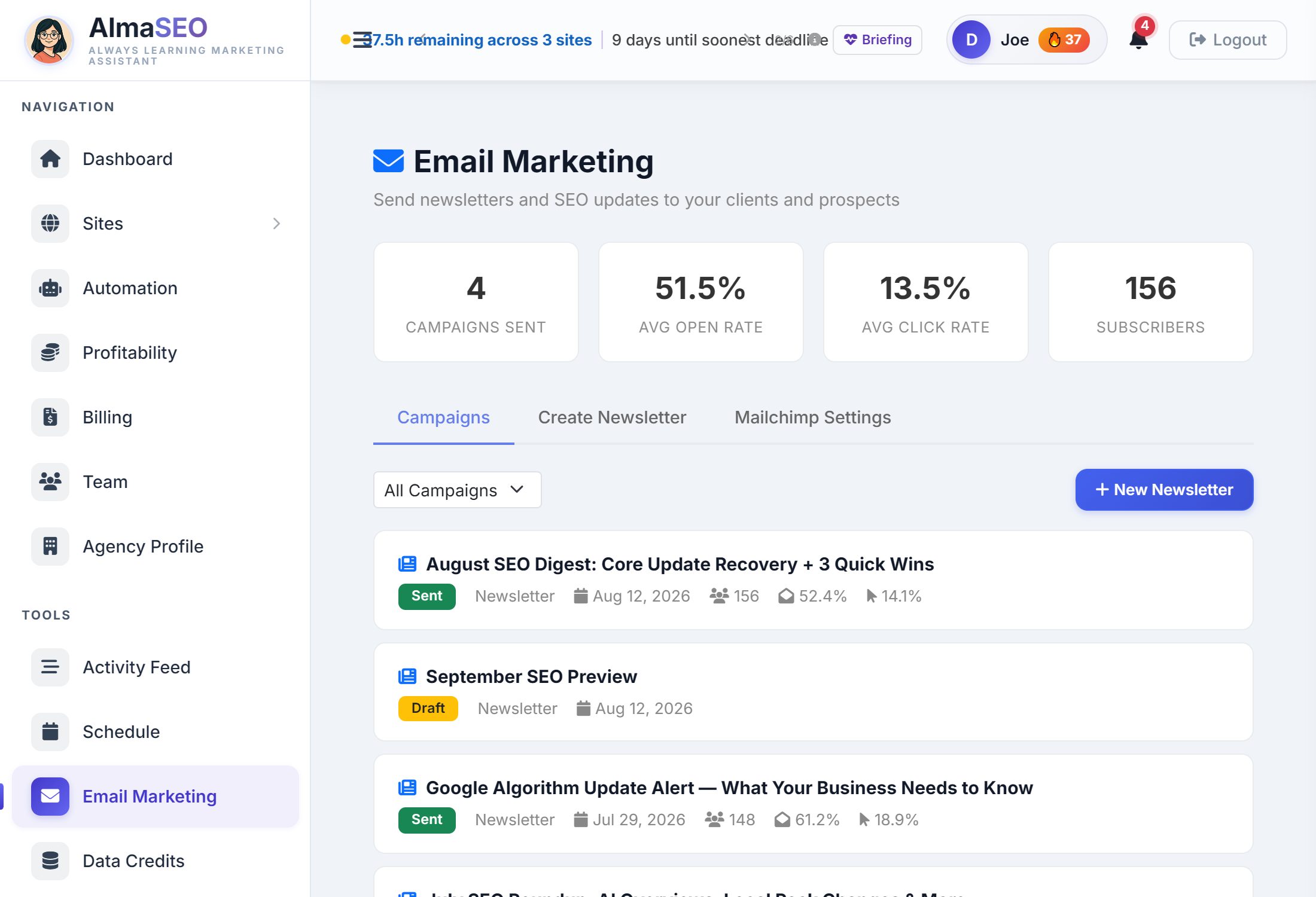 The Email Marketing page on the demo account: four totals across the top, three tabs, and the list of past campaigns with their open and click rates.