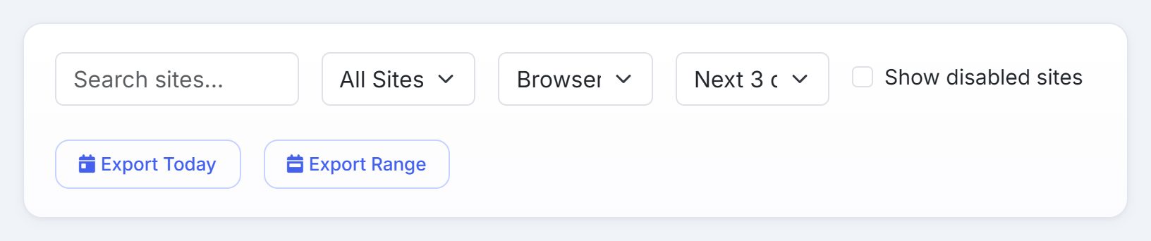 The filter bar: search, site picker, timezone, range, a Show disabled sites tick, and Export Today and Export Range buttons.