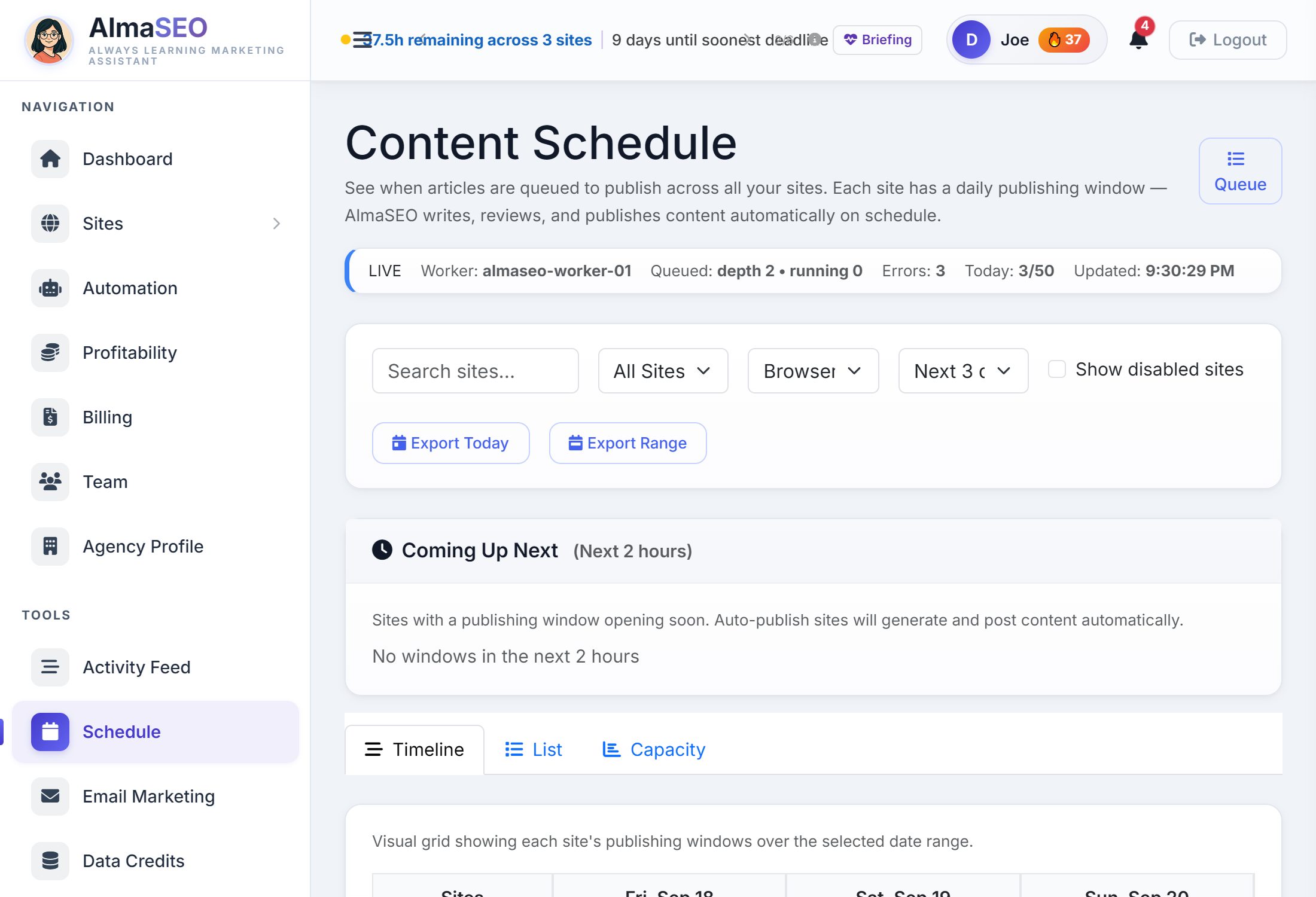 The Content Schedule page on the demo account: the status strip, the filter bar with export buttons, Coming Up Next, and the timeline grid of three sites over three days.
