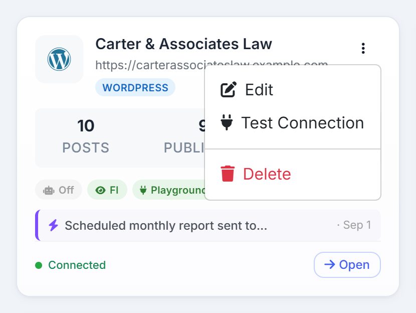 The card menu open, showing Edit, Test Connection and Delete.