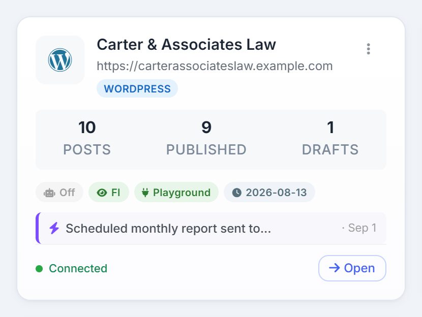 A single WordPress site card on the demo account.