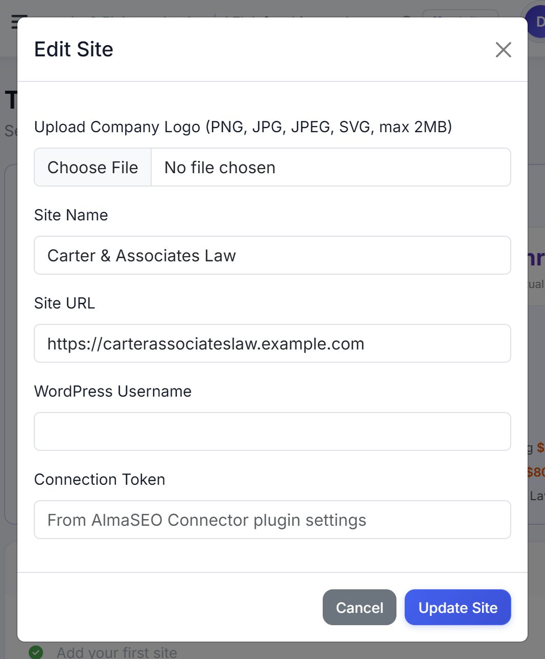 The Edit Site dialog with logo upload, site name, site URL, WordPress username and connection token fields.
