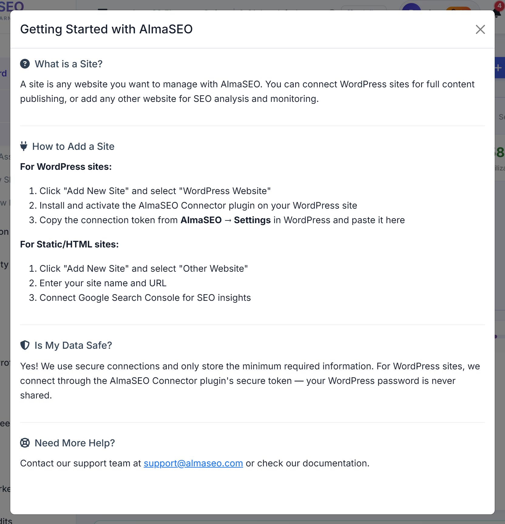 The Getting Started with AlmaSEO dialog opened from the question-mark button.