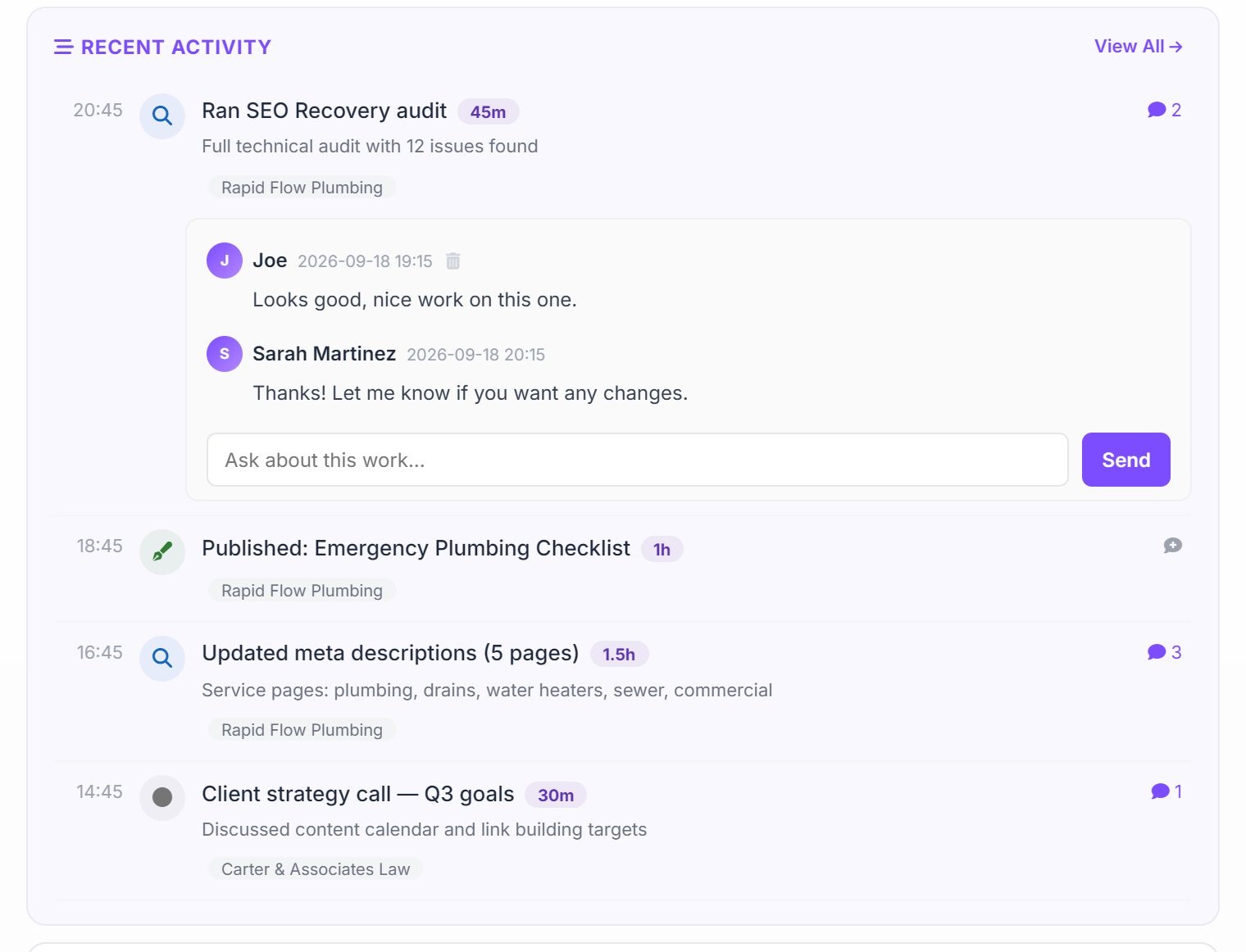 A member's recent activity: an SEO Recovery audit entry with a two-message comment thread between the owner and a manager and a reply box, followed by three more timed entries.