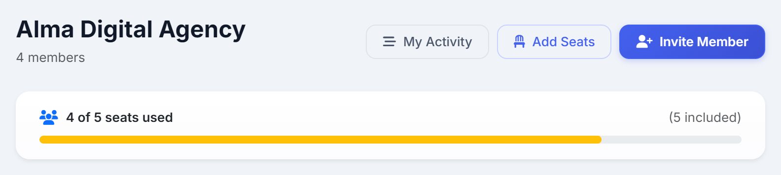 The Team page header with My Activity, Add Seats and Invite Member buttons above a bar reading 4 of 5 seats used.