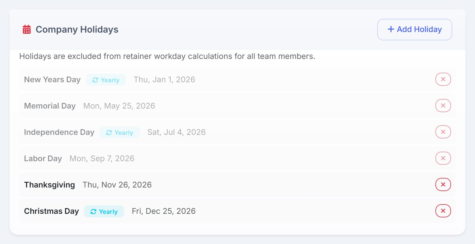 Company Holidays listing New Years Day, Memorial Day, Independence Day, Labor Day, Thanksgiving and Christmas Day, three marked Yearly, with past dates greyed out.