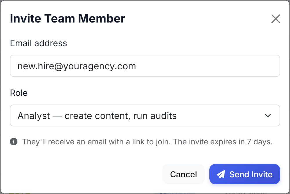 The Invite Team Member form with an email address and a role picker set to Analyst, create content, run audits.