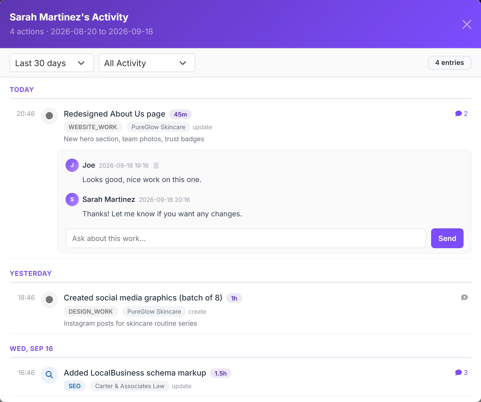Sarah Martinez's activity for the last 30 days, grouped under Today and Yesterday, with a comment thread open on a redesigned About Us page entry.