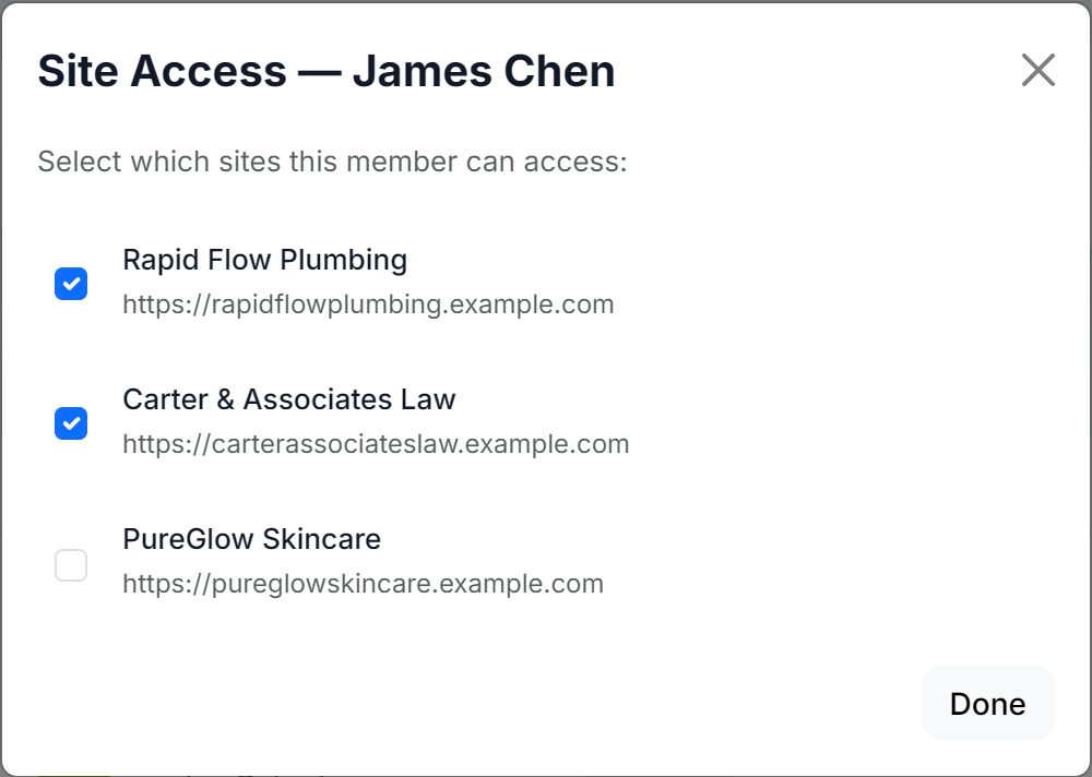 The Site Access pop-up for James Chen with Rapid Flow Plumbing and Carter and Associates Law ticked and PureGlow Skincare unticked.