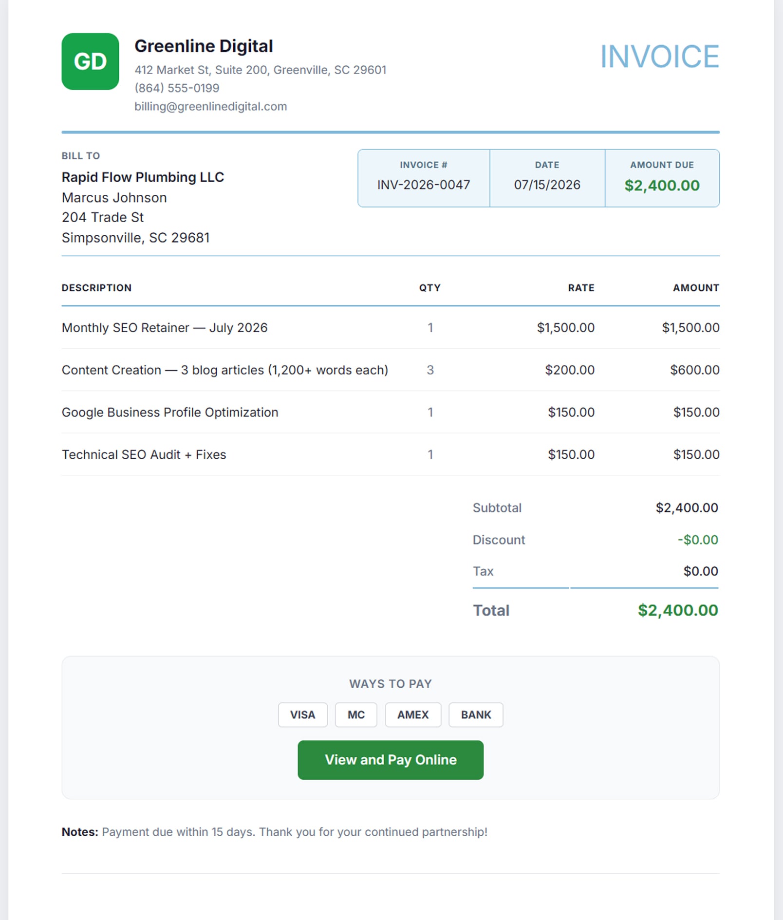 An invoice from an agency called Greenline Digital, billed to a plumbing client, with an amount due of $2,400 and no AlmaSEO branding on it
