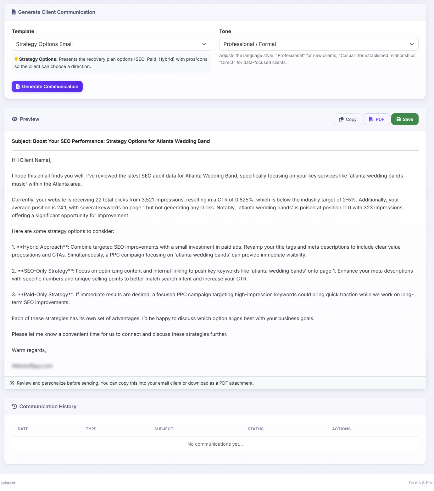 The client communications tab: a template and tone selector above a generated client email, signed off in the agency's own name