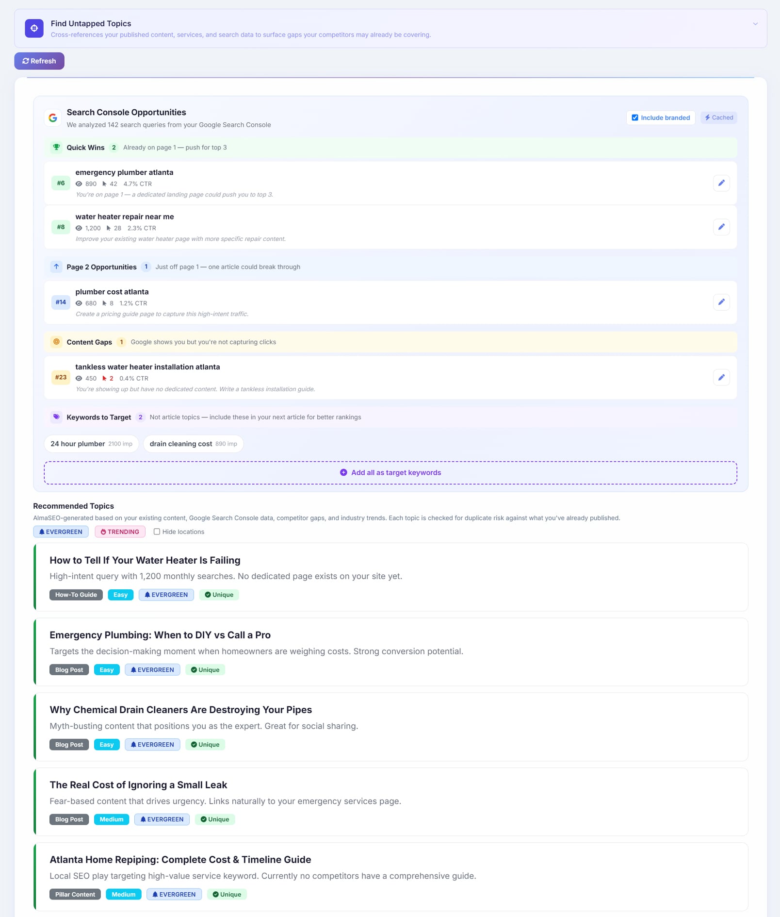 AlmaSEO&rsquo;s Find Untapped Topics: Search Console opportunities from 142 analyzed queries &mdash; quick wins already on page one, page-two opportunities, content gaps, and keywords to target &mdash; above AlmaSEO-generated recommended topics, each tagged evergreen or trending with a difficulty and a duplicate-risk &lsquo;Unique&rsquo; check