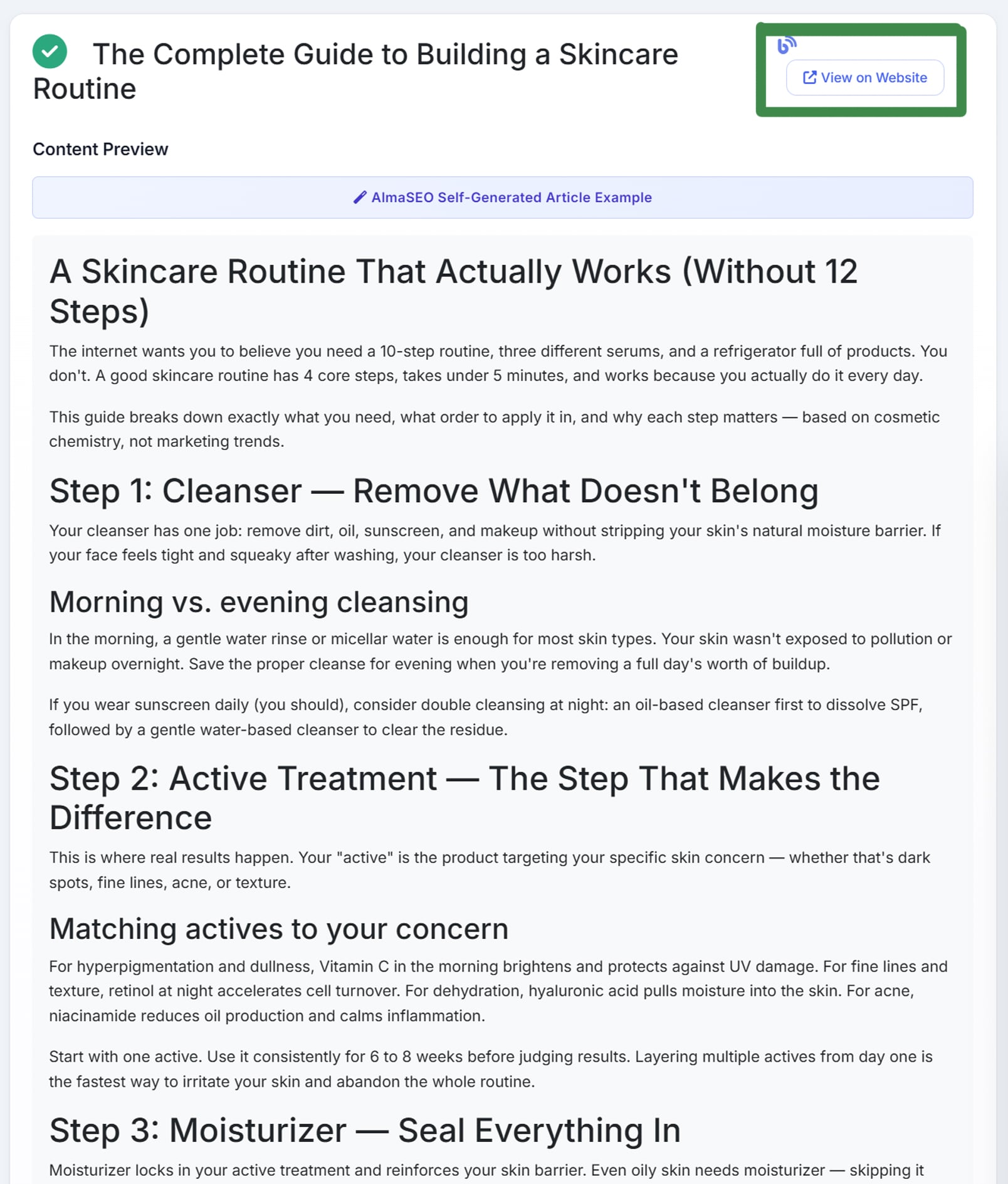 A finished, AlmaSEO-generated article &mdash; &lsquo;The Complete Guide to Building a Skincare Routine&rsquo; &mdash; shown published in AlmaSEO with a View on Website link to open it live on the connected site