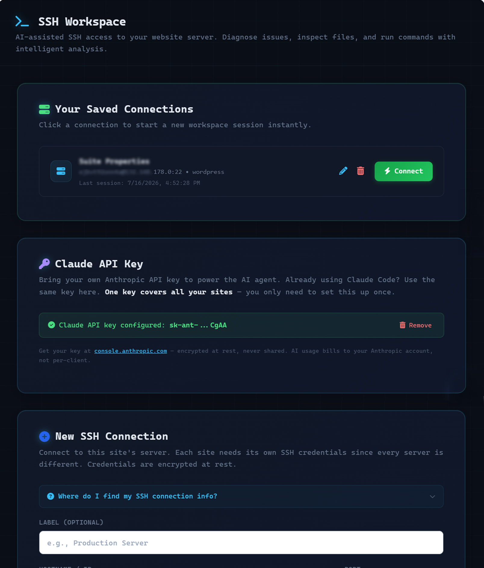 The AI Agent Workspace inside AlmaSEO: saved server connections you reconnect to instantly, one API key that covers every site, and a New SSH Connection form &mdash; credentials encrypted at rest