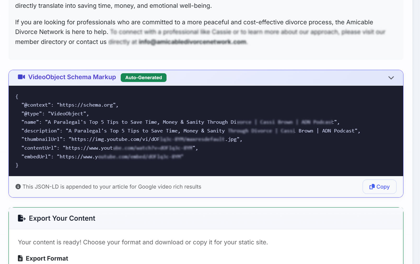 A published article with an auto-generated VideoObject Schema Markup panel showing the JSON-LD block beneath the copy