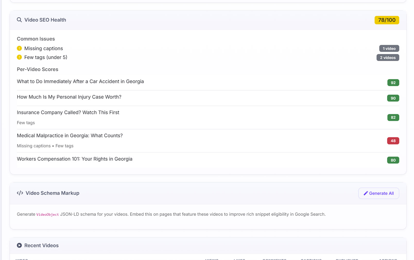 The Video SEO Health panel scoring a law firm&rsquo;s channel 78 out of 100, with a Common Issues list and a per-video score table