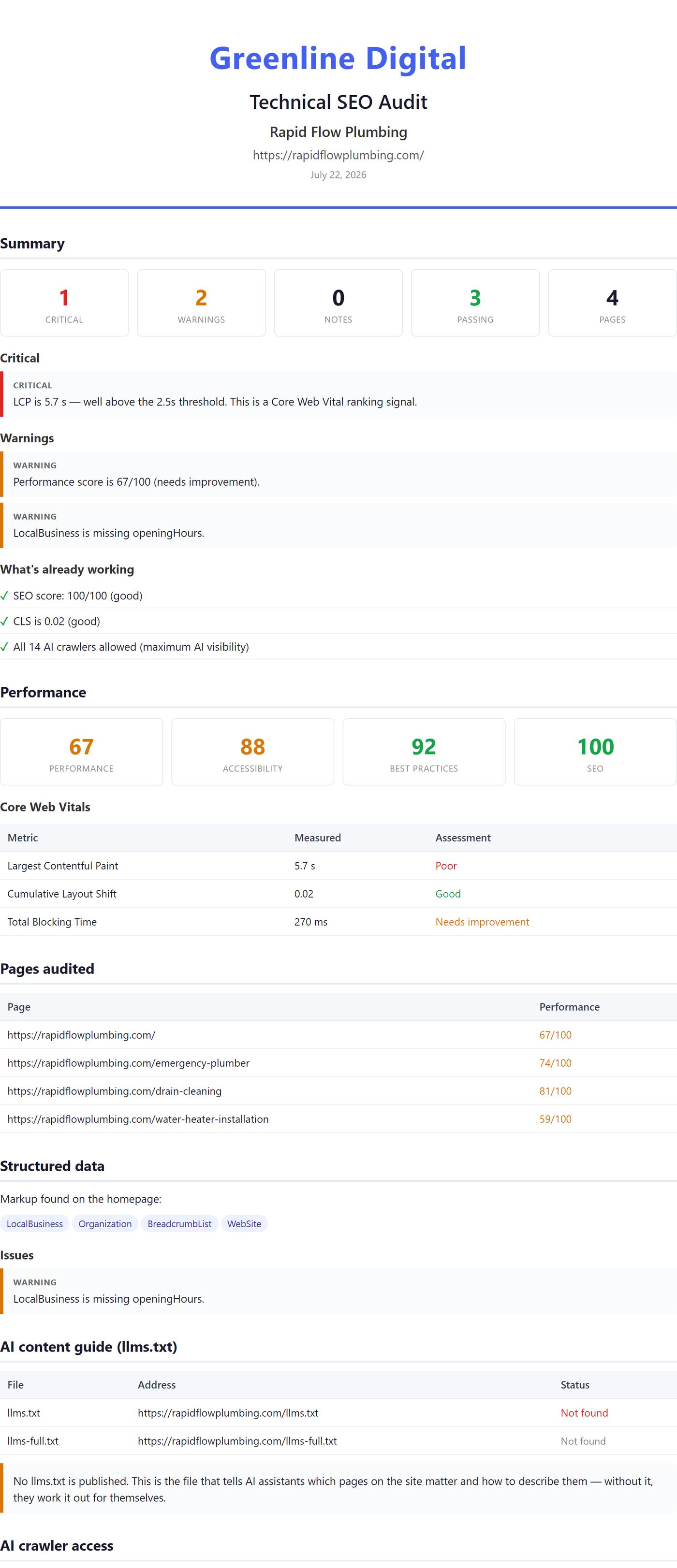 A technical SEO audit PDF headed with an agency's own name above the client's business name