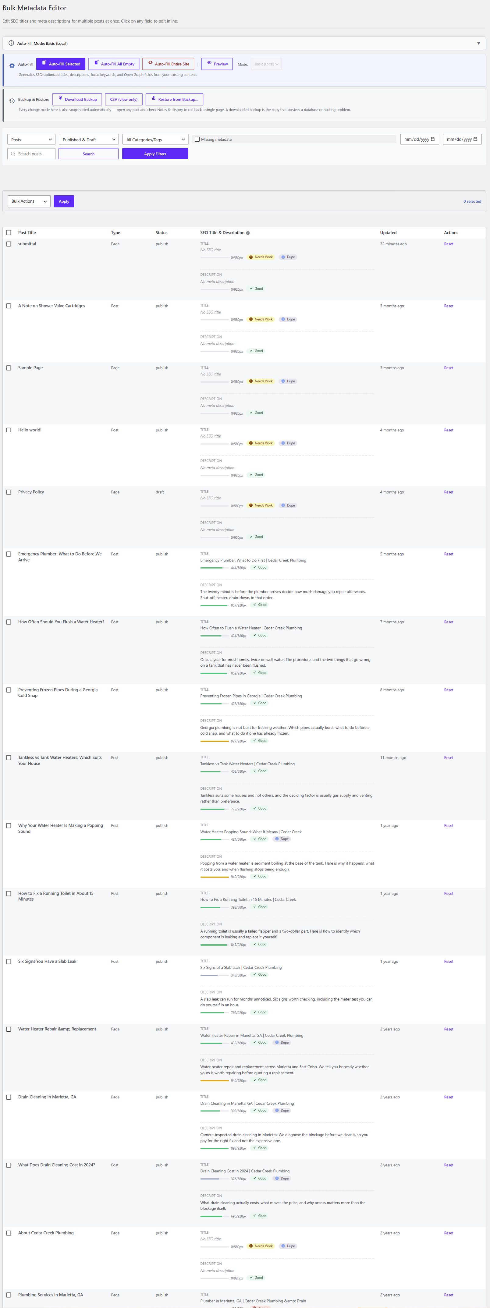The AlmaSEO bulk metadata editor showing every post and page in one table with editable SEO titles and descriptions
