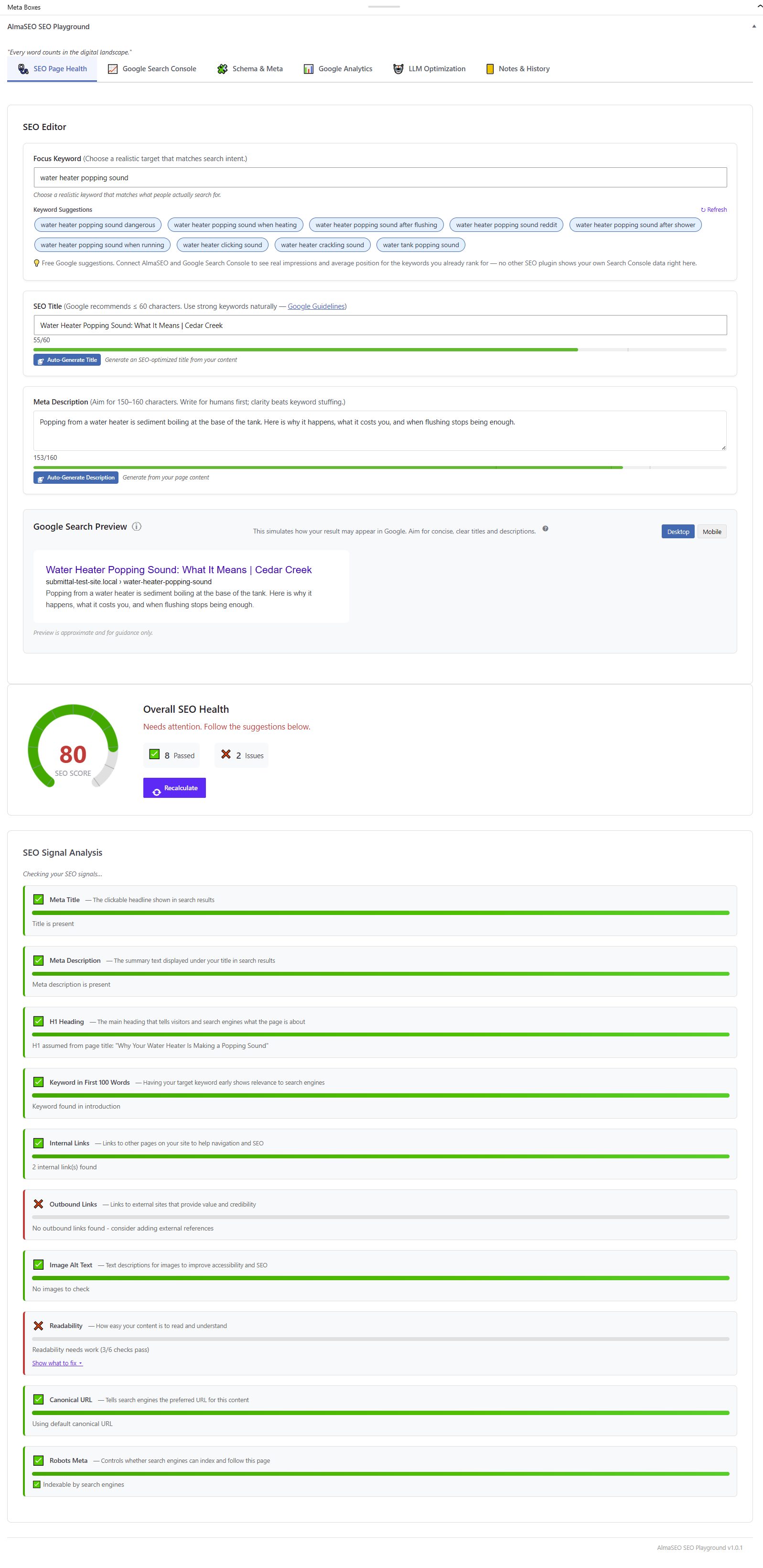The AlmaSEO panel on a WordPress post, showing the focus keyword, SEO title and meta description fields, a Google preview, and an overall SEO health score