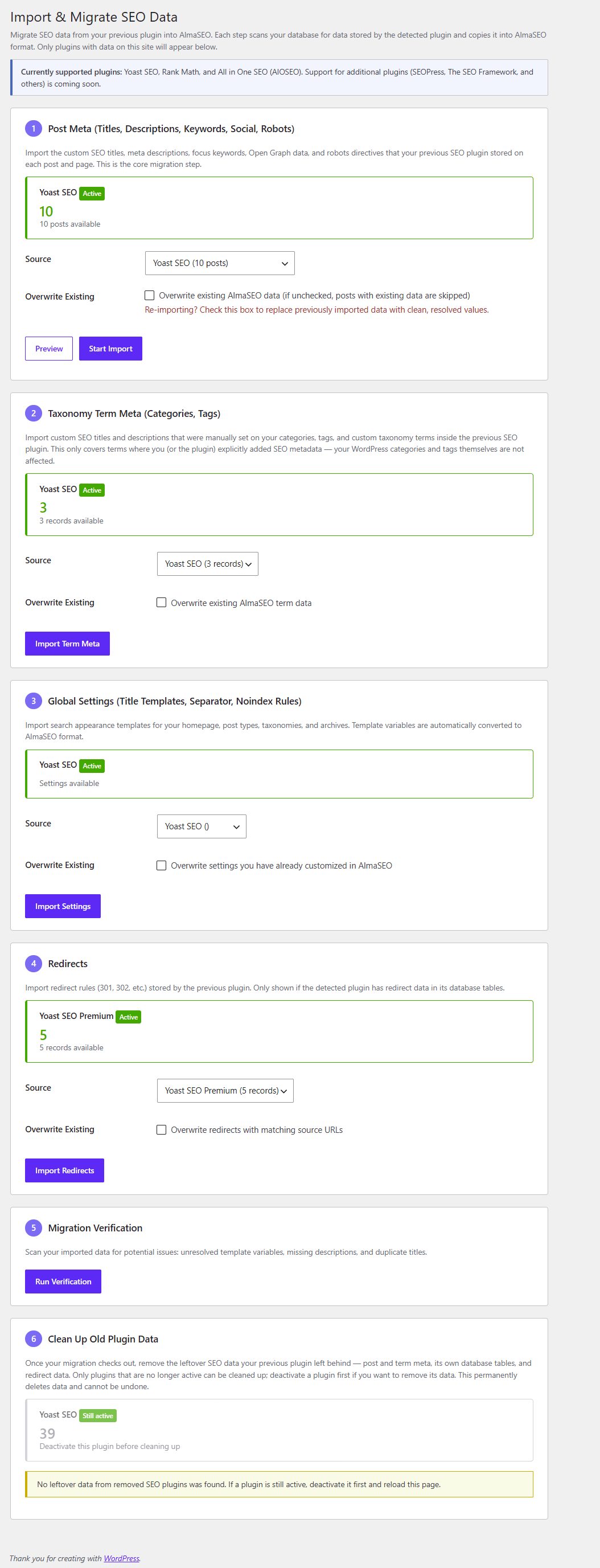 The AlmaSEO import wizard detecting an existing Yoast install across all of its migration steps