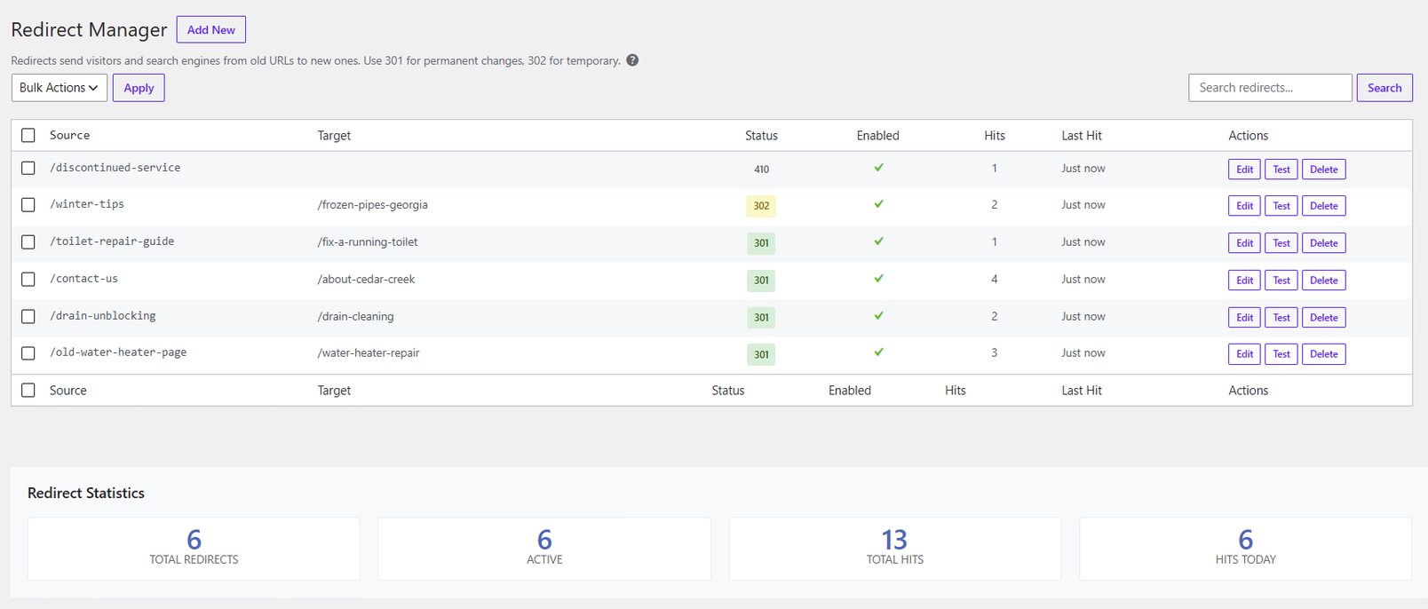 The AlmaSEO redirect manager listing six rules with their status codes, hit counts and last-hit times