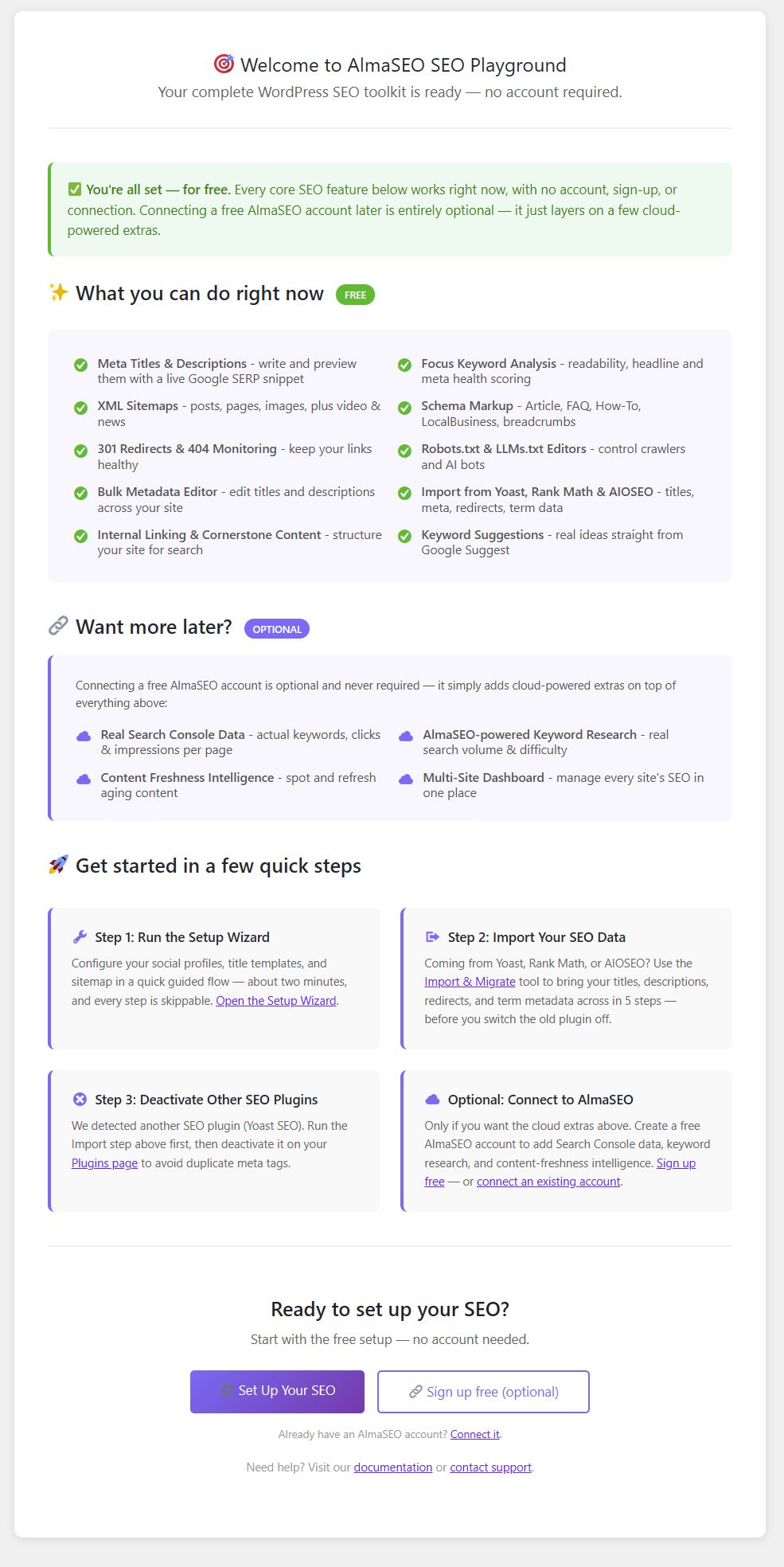 The AlmaSEO welcome screen in WordPress, listing the features that work for free with no account beside the optional extras that need one